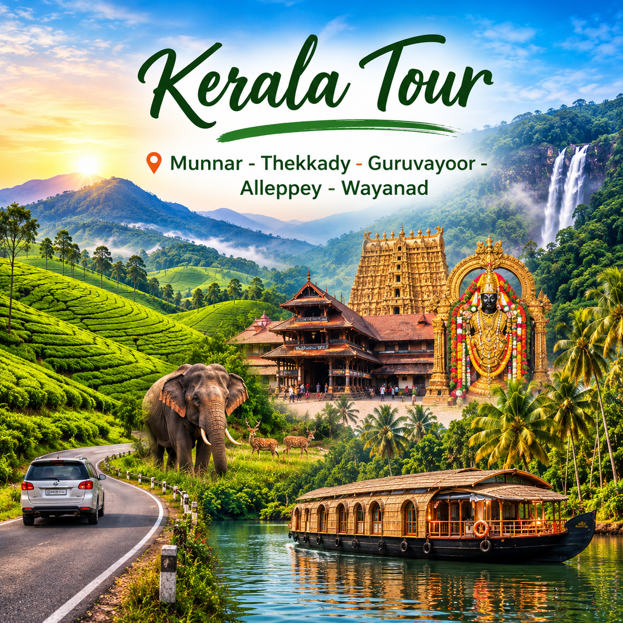 Kerala Tour : Munnar - Thekkady - Guruvayoor - Alleppey- Wayanad