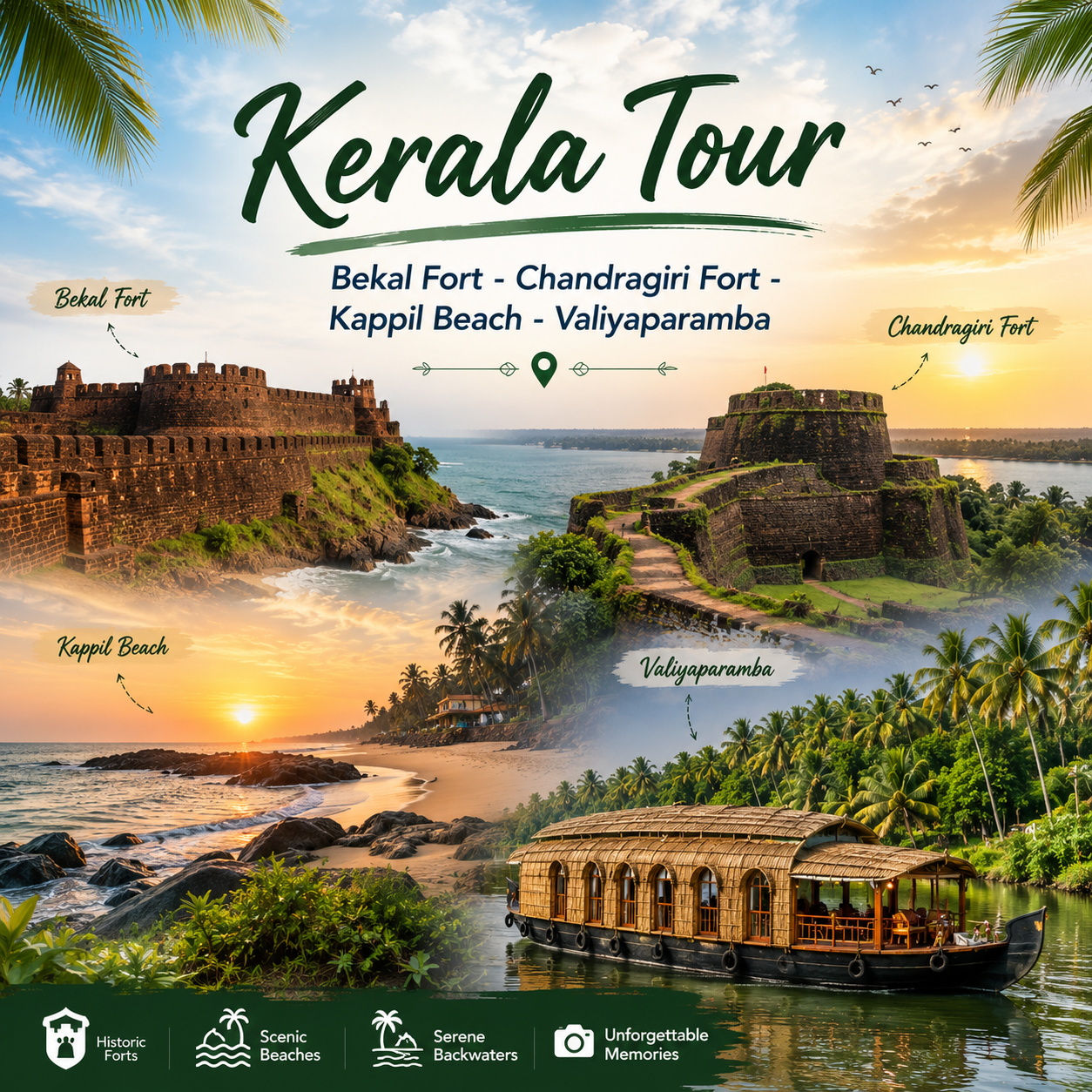 Kerala Tour : Bekal Fort - Chandragiri Fort - Kappil Beach - Valiyaparamba